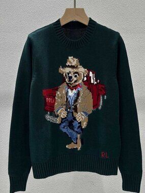 Polo Ralph Lauren Green Cowboy Polo Bear Crewneck Knit Sweater